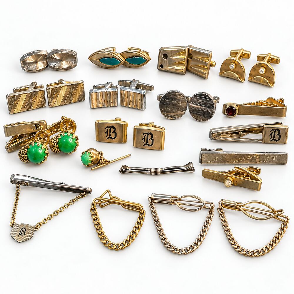 Vintage Mens Cufflinks Tie Clips Lot 30pc Hickok Dante Flex-Let MCM Estate